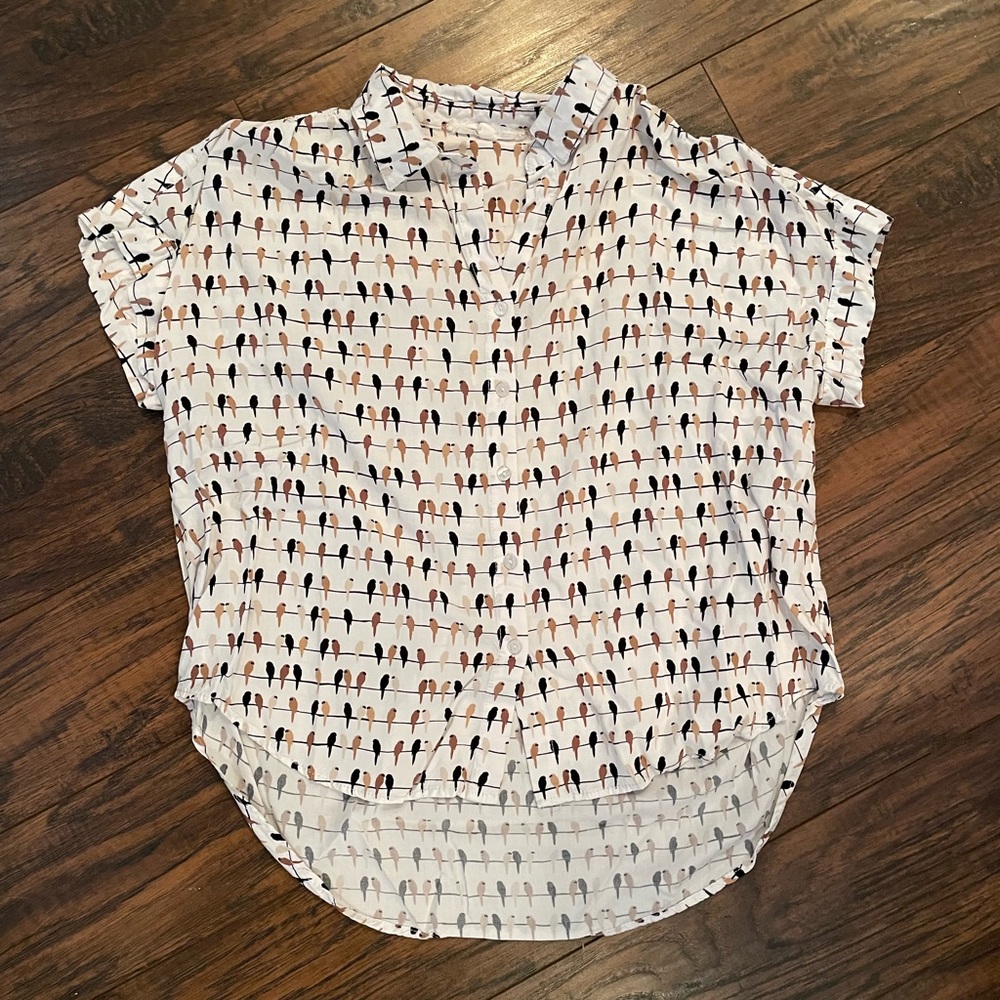 Jane and Delancey White Short-Sleeve Button-Down with Multicolor Bird Print